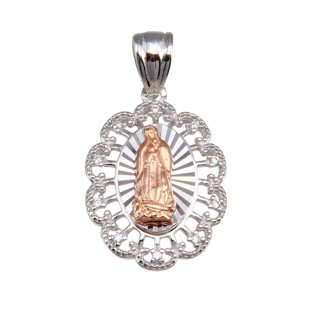 Silver 925 2 Toned Plated Lady of Guadalupe Flower CZ Pendant - GMP00065RHR | Silver Palace Inc.