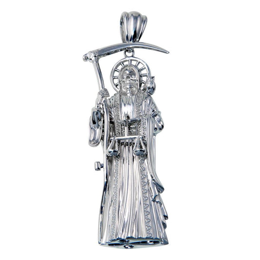 Rhodium Plated 925 Sterling Silver Hollow Santa Muerte Pendant 71mm - GMP00090 | Silver Palace Inc.