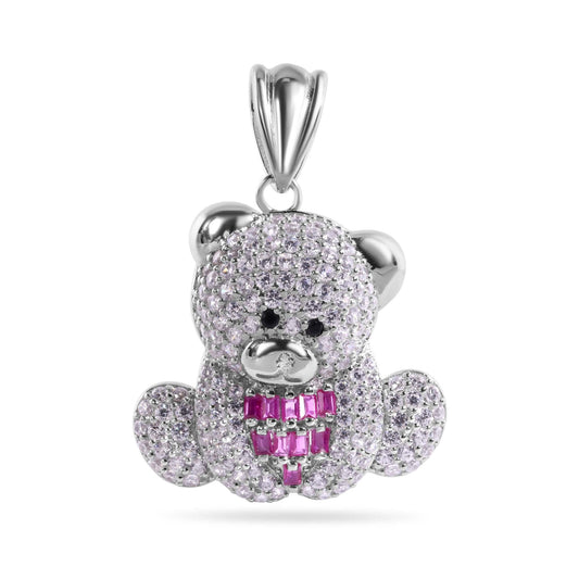 Rhodium Plated 925 Sterling Silver Teddy Bear Red Baguette and Clear CZ Pendant - GMP00145