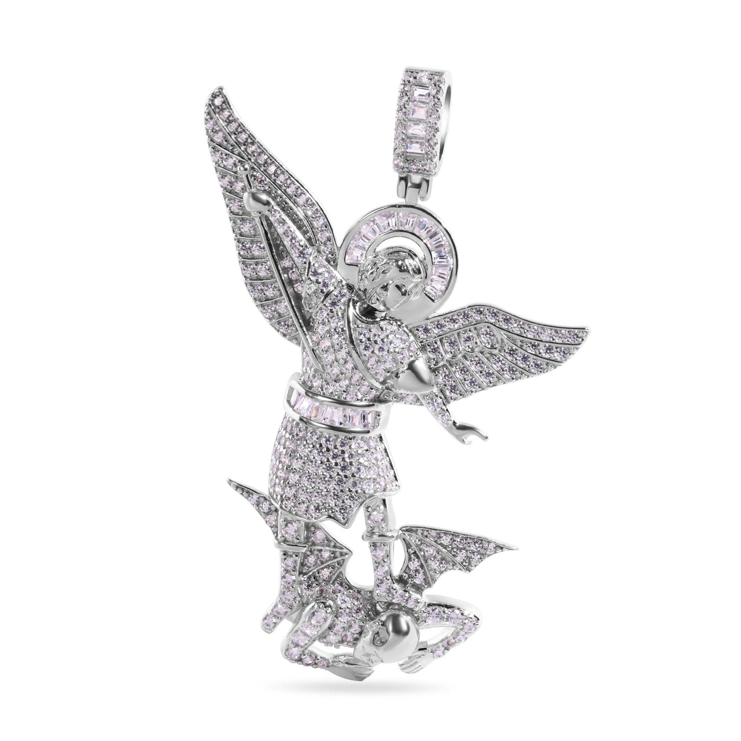 Rhodium Plated 925 Sterling Silver Saint Michael Baguette Halo Clear CZ Large Pendant - GMP00152