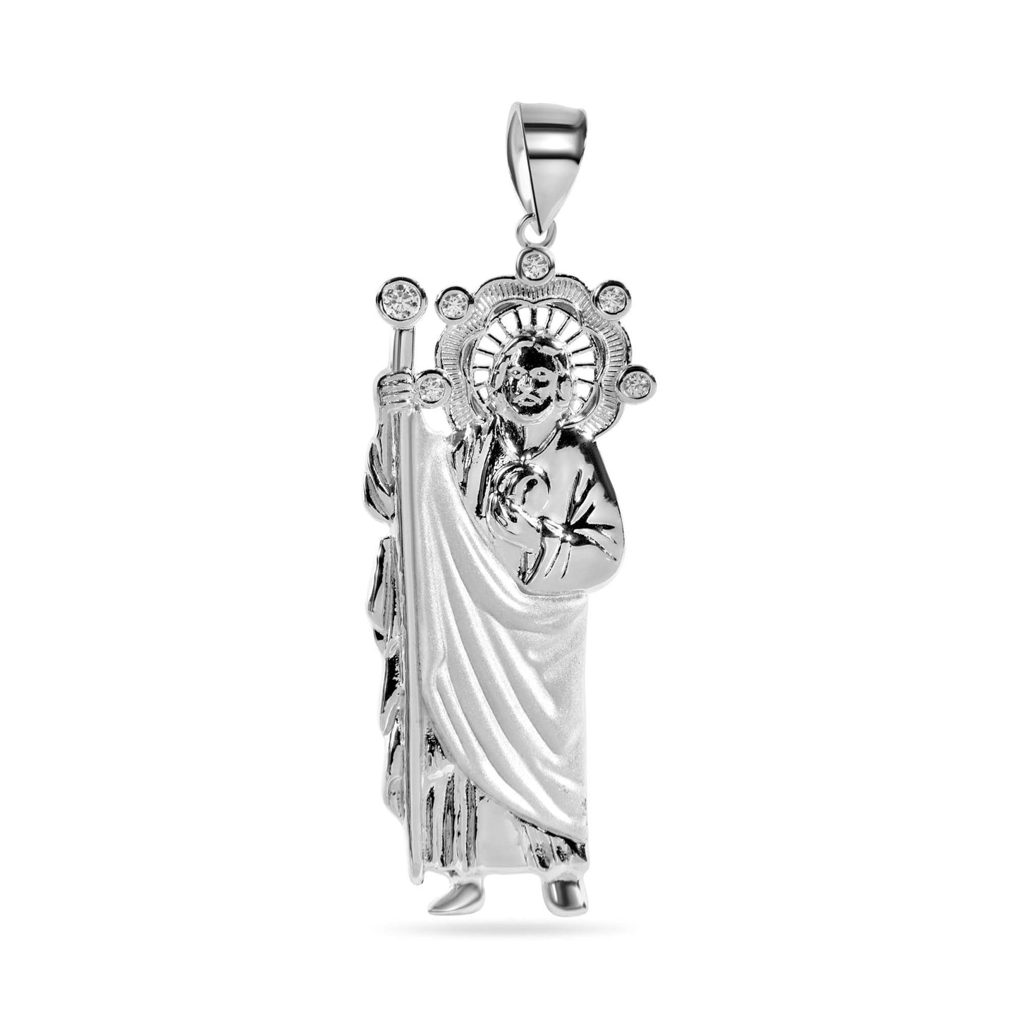 Rhodium Plated 925 Sterling Silver Sandblast Jesus Christ Clear CZ Pendant - GMP00166