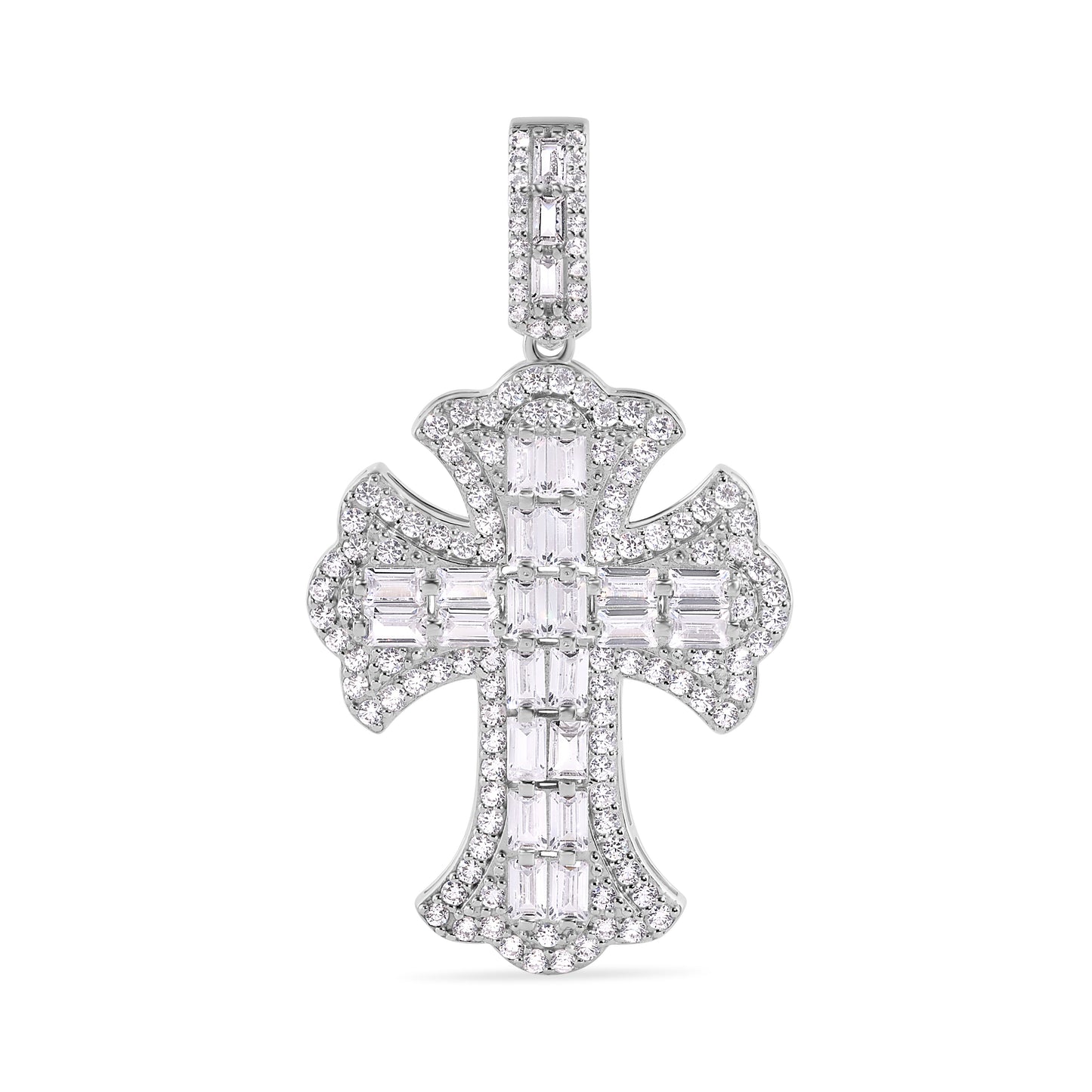 Rhodium Plated 925 Sterling Silver 32.1mm Fleur De Lis Cross Baguette Cut Clear CZ Pendant - GMP00170