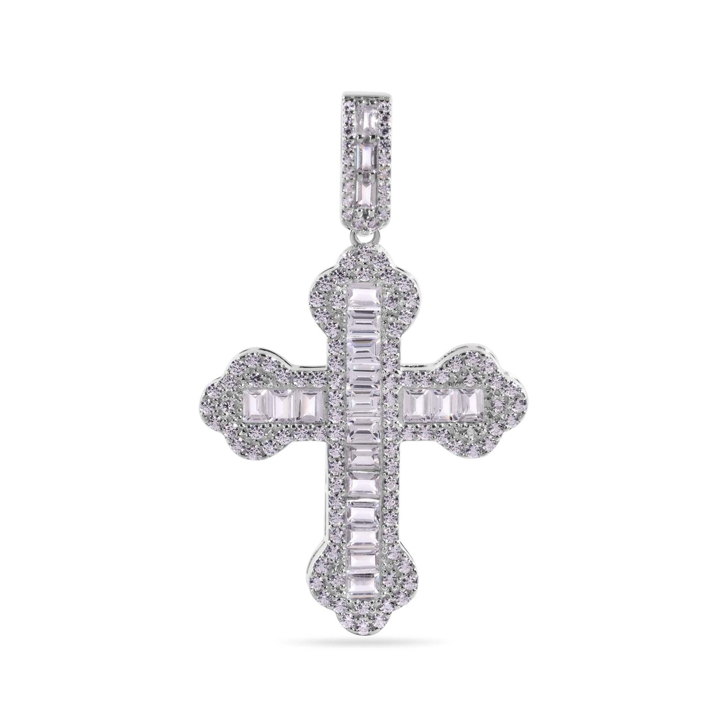 Rhodium Plated 925 Sterling Silver Cross Baguette Clear CZ Pendant - GMP00171