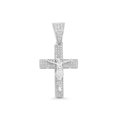Rhodium Plated 925 Sterling Silver Crucifix Cross Clear CZ 18.4mm x 25.5mm Pendant - GMP00179