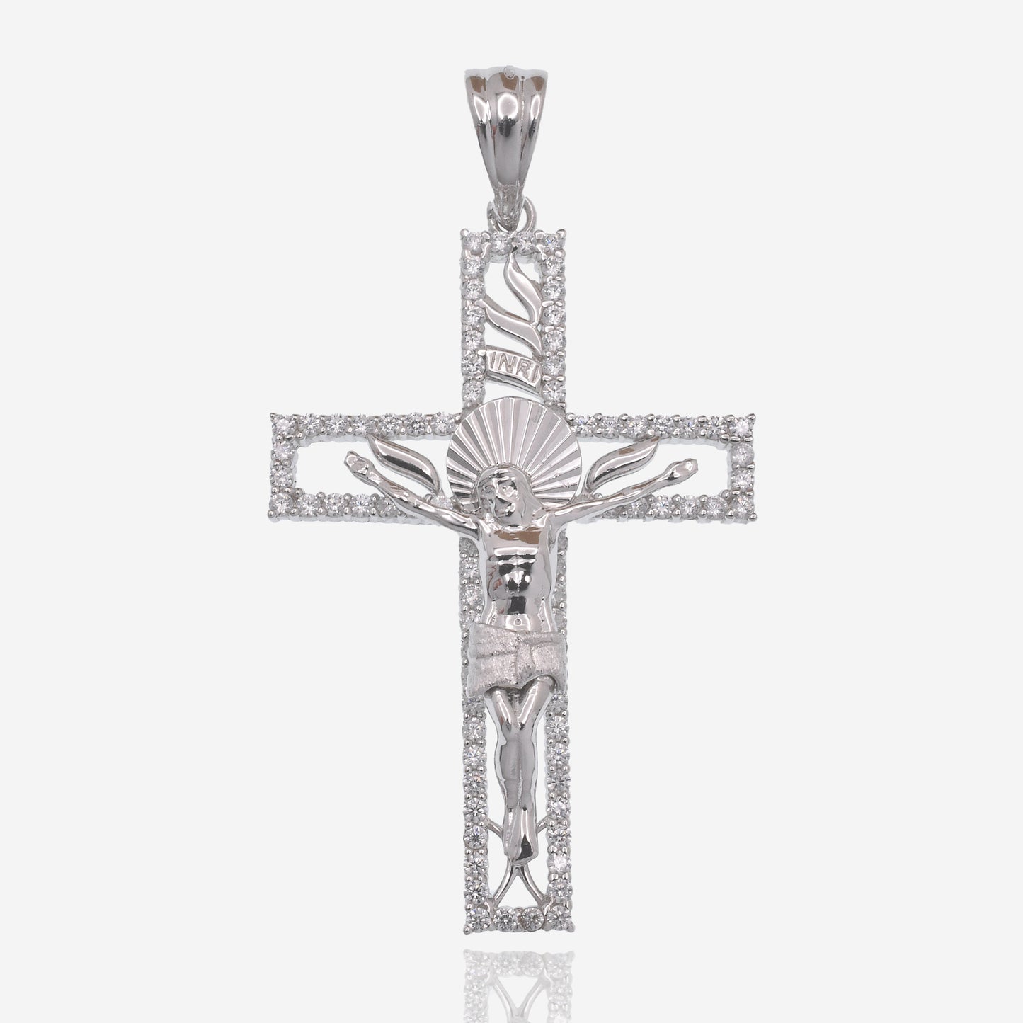 Rhodium Plated 925 Sterling Silver Cross Diamond Cut Crucifix Clear CZ 26.5mm x 38.4mm Pendant - GMP00186