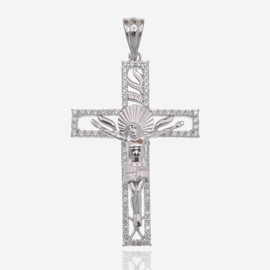 Rhodium Plated 925 Sterling Silver Cross Diamond Cut Crucifix Clear CZ 26.5mm x 38.4mm Pendant - GMP00186