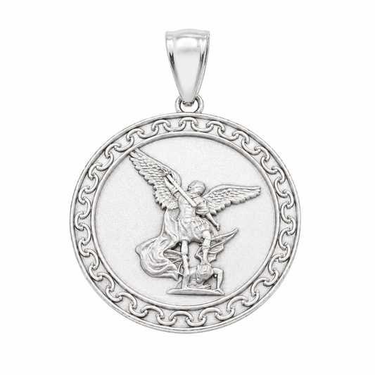 925 Sterling Silver Matte Saint Michael Round Medallion Ornate Border Pendant - GMP00221