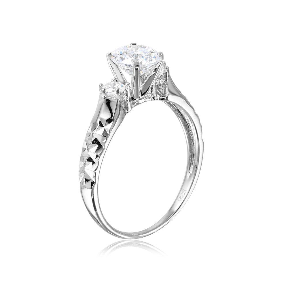 Rhodium Plated 925 Sterling Silver Moissanite or CZ Center Stone Ring with Hammered Shank - MGMR00109 | GMR00109