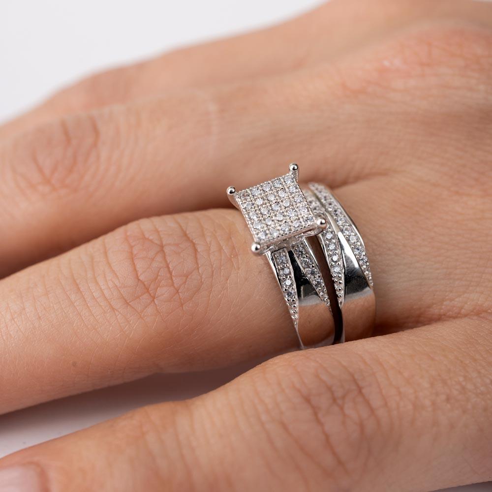 Rhodium Plated 925 Sterling Silver Moissanite or CZ Square Pave Center Trio Bridal Ring - MGMR00160 | GMR00160