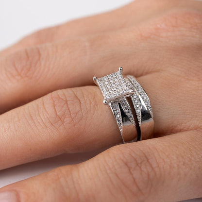 Rhodium Plated 925 Sterling Silver Moissanite or CZ Square Pave Center Trio Bridal Ring - MGMR00160 | GMR00160