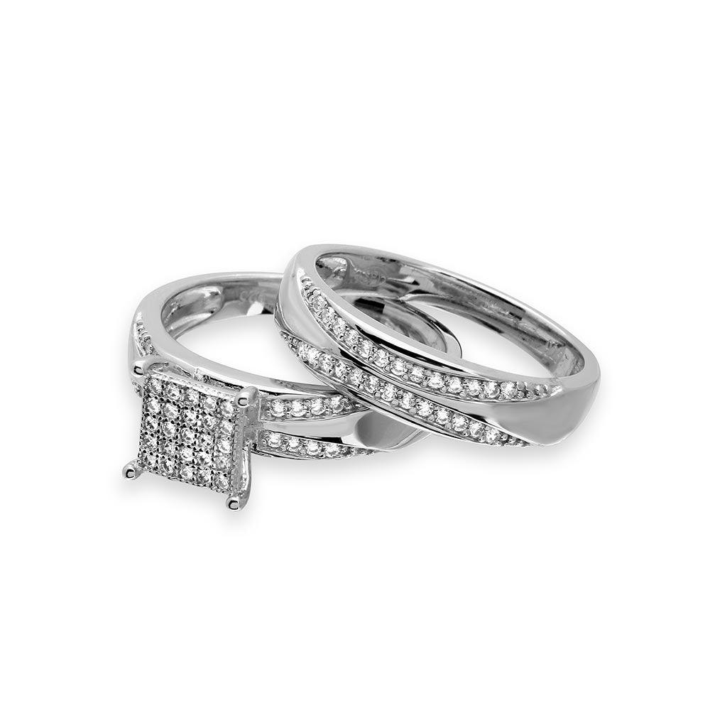 Rhodium Plated 925 Sterling Silver Moissanite or CZ Square Pave Center Trio Bridal Ring - MGMR00160 | GMR00160