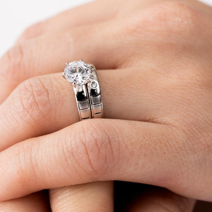 Rhodium Plated 925 Sterling Silver Moissanite or CZ Line Shank Design Bridal Trios Ring - MGMR00188 | GMR00188