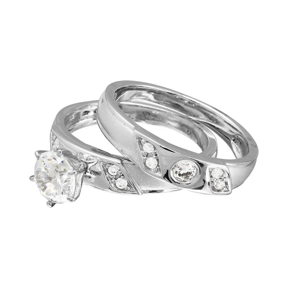 Rhodium Plated 925 Sterling Silver Moissanite or CZ Slash Trios Bridal Ring - MGMR00192 | GMR00192
