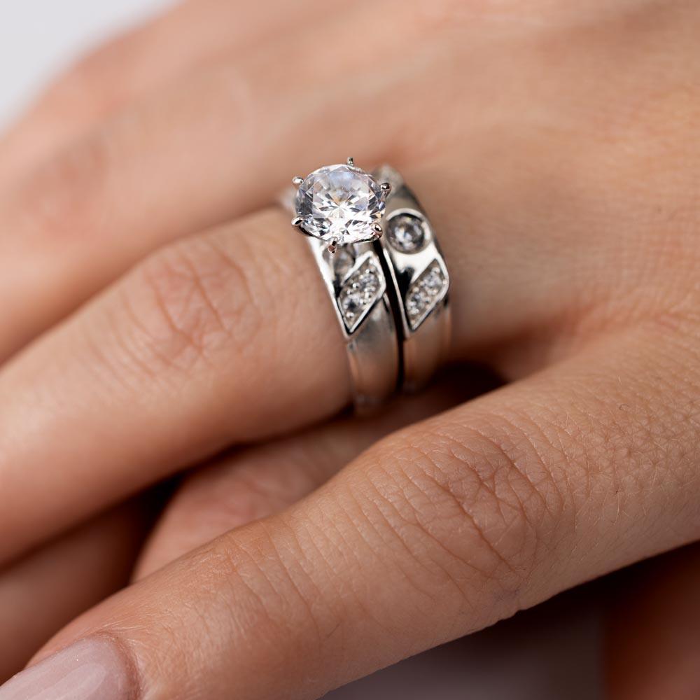 Rhodium Plated 925 Sterling Silver Moissanite or CZ Slash Trios Bridal Ring - MGMR00192 | GMR00192
