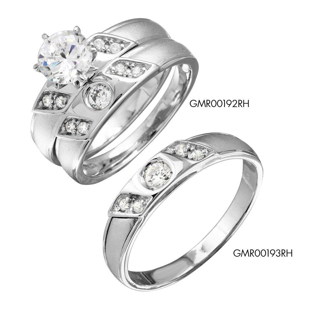 Rhodium Plated 925 Sterling Silver Moissanite or CZ Slash Trios Bridal Ring - MGMR00192 | GMR00192