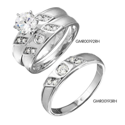 Rhodium Plated 925 Sterling Silver Moissanite or CZ Slash Trios Bridal Ring - MGMR00192 | GMR00192