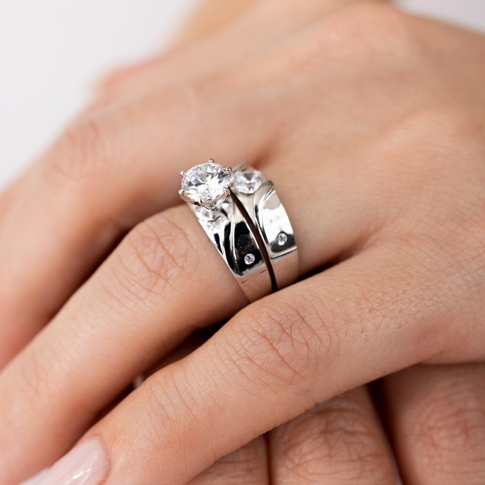 Rhodium Plated 925 Sterling Silver Moissanite or CZ Sideways Design Matte Finish Trio Ring - MGMR00194 | GMR00194