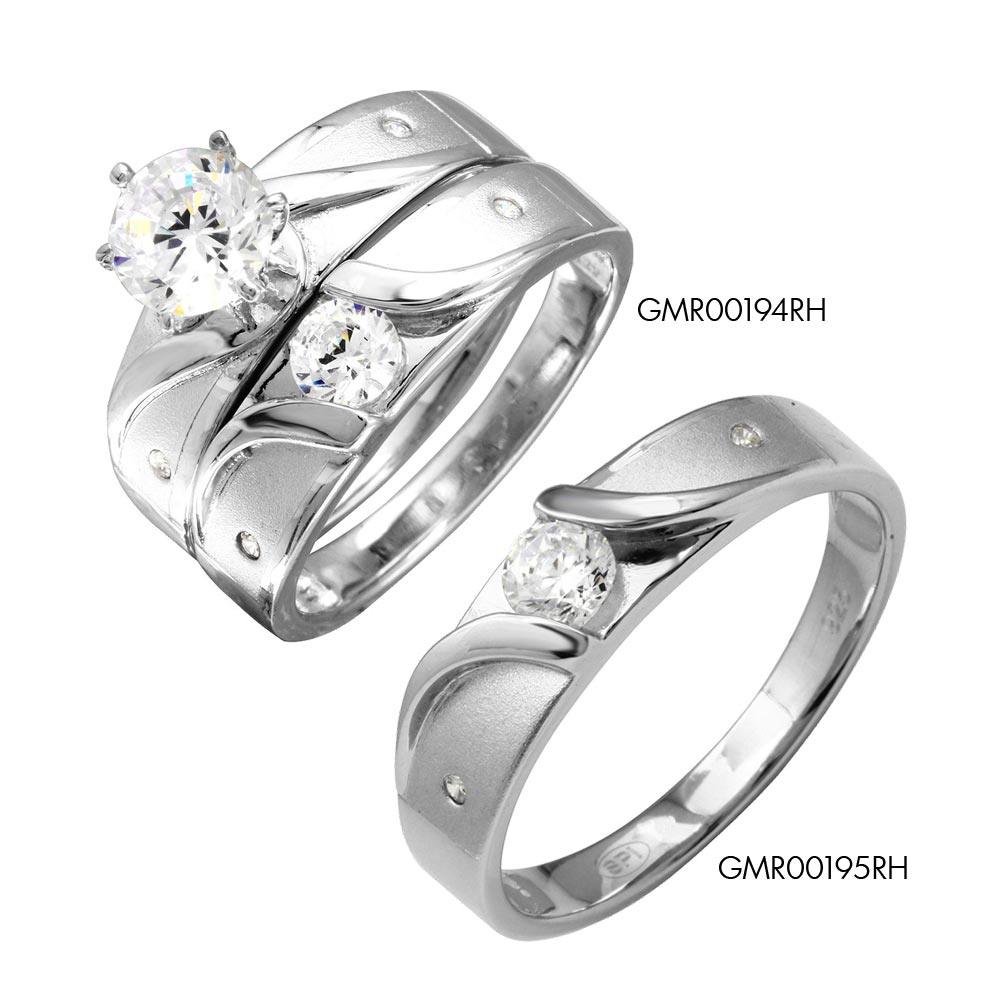 Rhodium Plated 925 Sterling Silver Moissanite or CZ Sideways Design Matte Finish Trio Ring - MGMR00194 | GMR00194