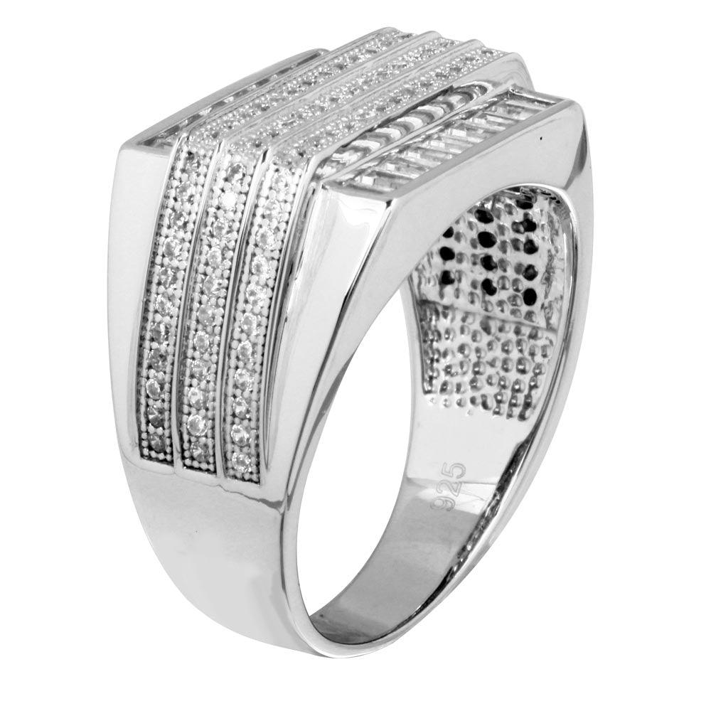 Rhodium Plated 925 Sterling Silver Moissanite or Cubic Zirconia Men's 3 Bar Ring - MGMR00222 | GMR00222