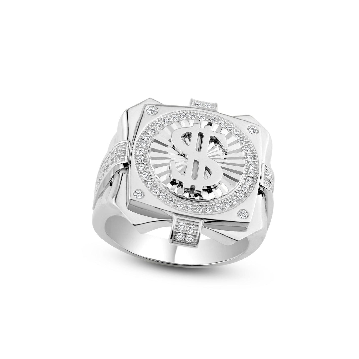 Men's Sterling Rhodium Plated 925 Sterling Silver Dollar Sign Ring - GMR00244RH | Silver Palace Inc.