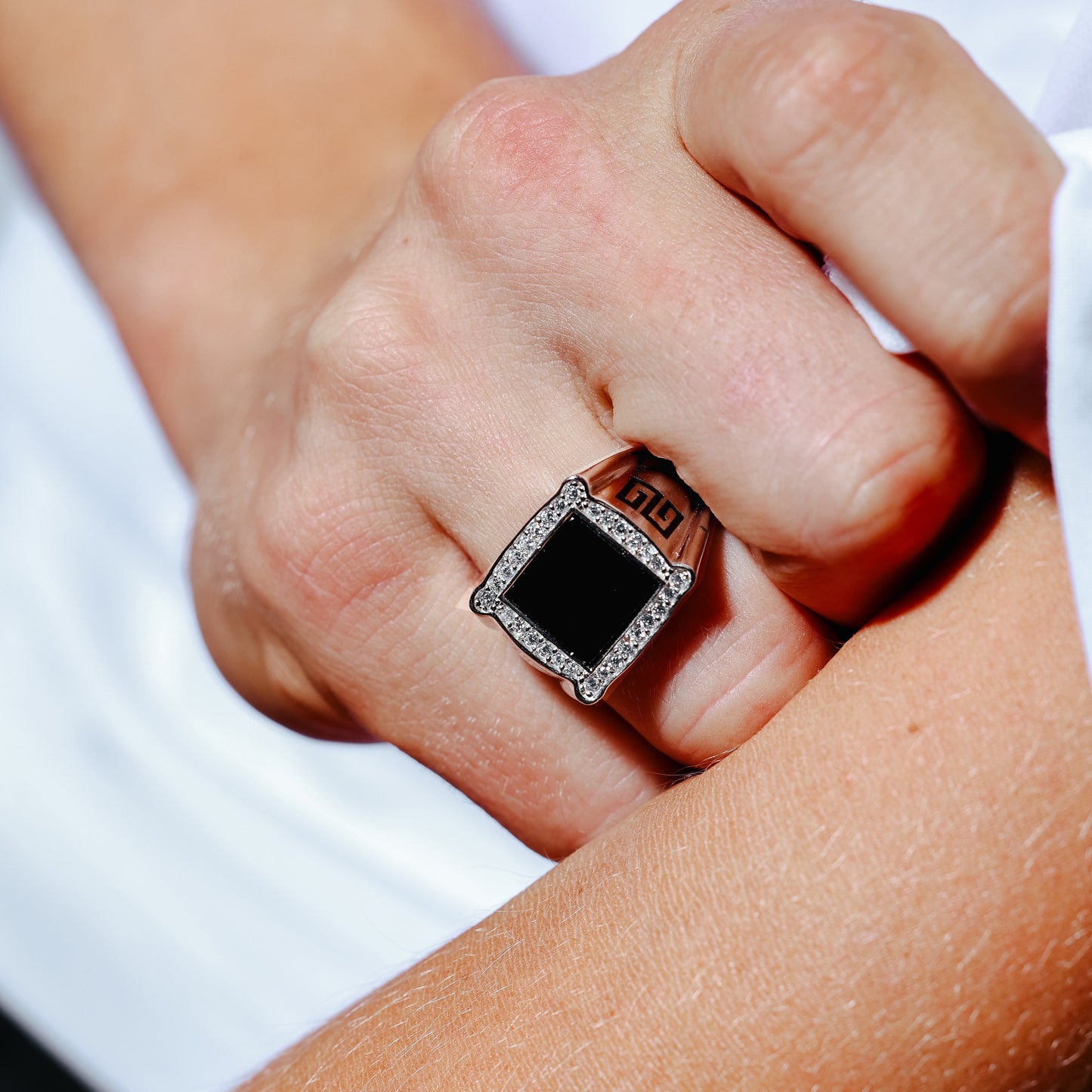 Rhodium Plated 925 Sterling Silver Men's Flat Square Onyx Ring with CZ - GMR00249RH