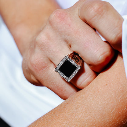 Rhodium Plated 925 Sterling Silver Men's Flat Square Onyx Ring with CZ - GMR00249RH