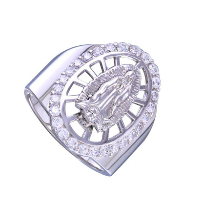 Rhodium Plated 925 Sterling Silver Moissanite or CZ Oval Lady of Guadalupe Center Ring - MGMR00256RH | GMR00256RH