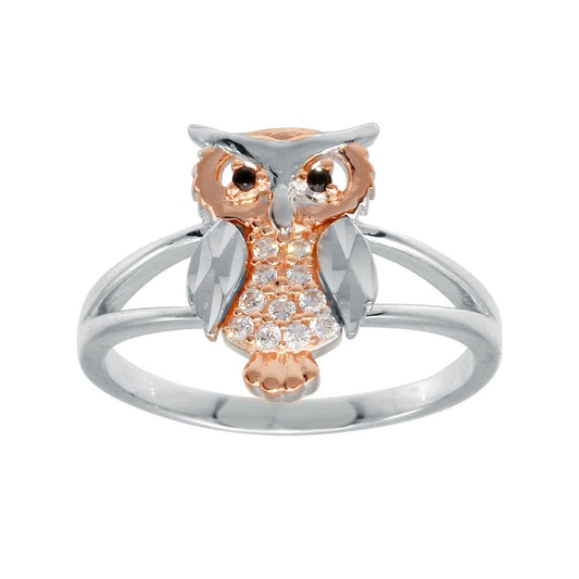 Silver CZ Diamond Cut 2 Toned Owl Ring - GMR00298RHR | Silver Palace Inc.