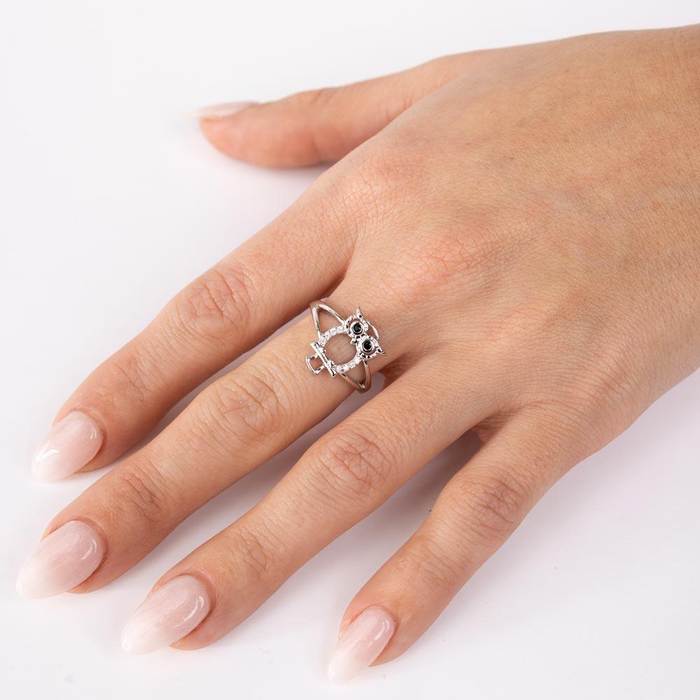 Rhodium Plated 925 Sterling Silver Owl Ring - GMR00300