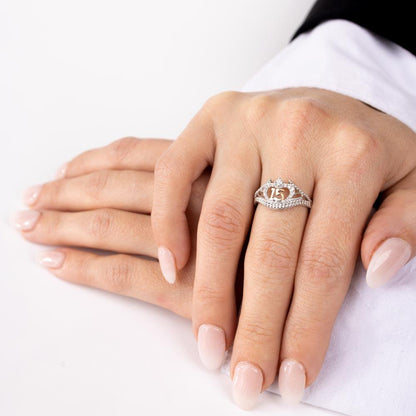 Rhodium Plated 925 Sterling Silver CZ Quinceanera Flower 2 Toned CZ Ring - GMR00302RHR