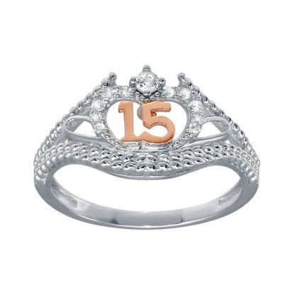 Silver CZ Quinceanera Flower 2 Toned CZ Ring - GMR00302RHR | Silver Palace Inc.