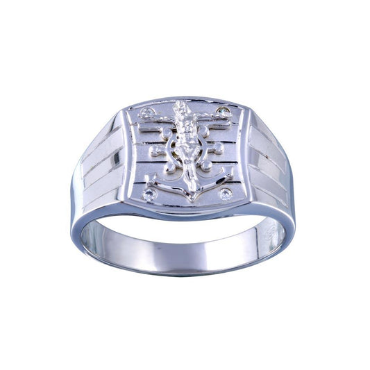 Rhodium Plated 925 Sterling Silver Crucifix Anchor CZ Hip Hop Ring - GMR00326 | Silver Palace Inc.