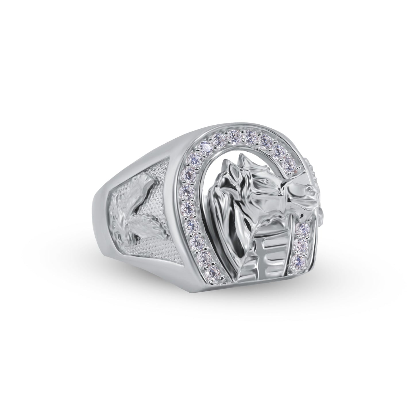 Rhodium Plated 925 Sterling Silver Moissanite or CZ Men's Horse Shoe Ring - MGMR00341 | GMR00341
