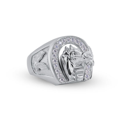 Rhodium Plated 925 Sterling Silver Moissanite or CZ Men's Horse Shoe Ring - MGMR00341 | GMR00341