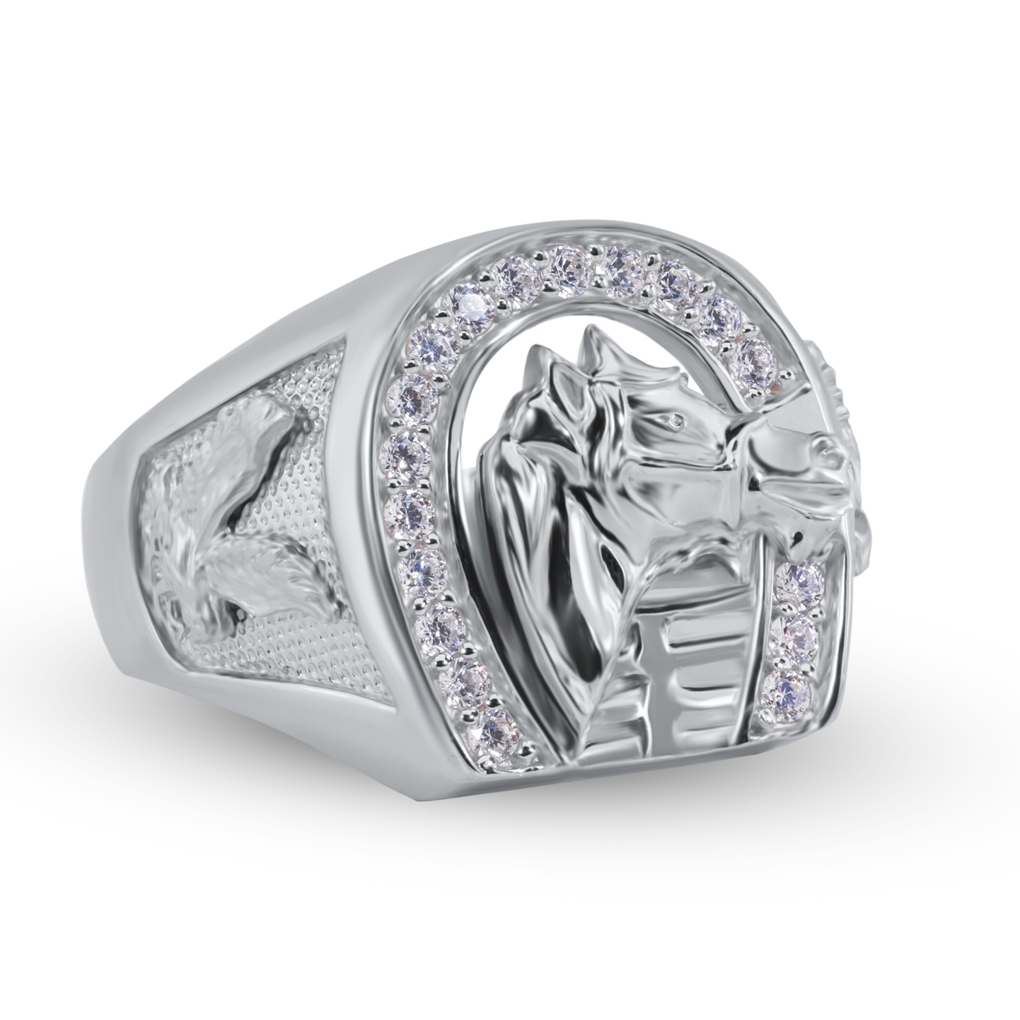 Rhodium Plated 925 Sterling Silver Moissanite or CZ Men's Horse Shoe Ring - MGMR00341 | GMR00341