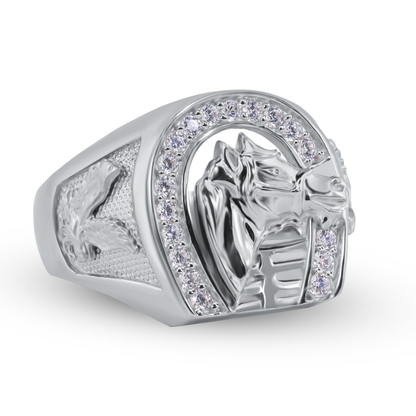 Rhodium Plated 925 Sterling Silver Moissanite or CZ Men's Horse Shoe Ring - MGMR00341 | GMR00341