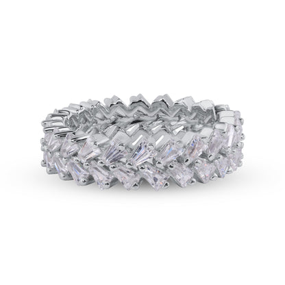 Rhodium Plated 925 Sterling Silver Moissanite or CZ Double Eternity Band Baguette Ring - MGMR00369 | GMR00369