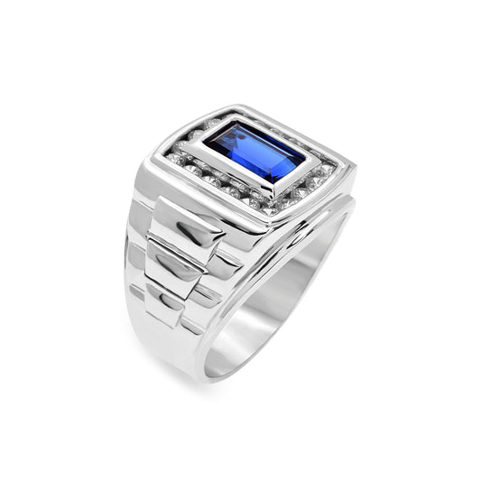 Rhodium Plated 925 Sterling Silver Men's Sapphire Baguette and Clear CZ 12.1 x 15.2mm Ring - GMR00411