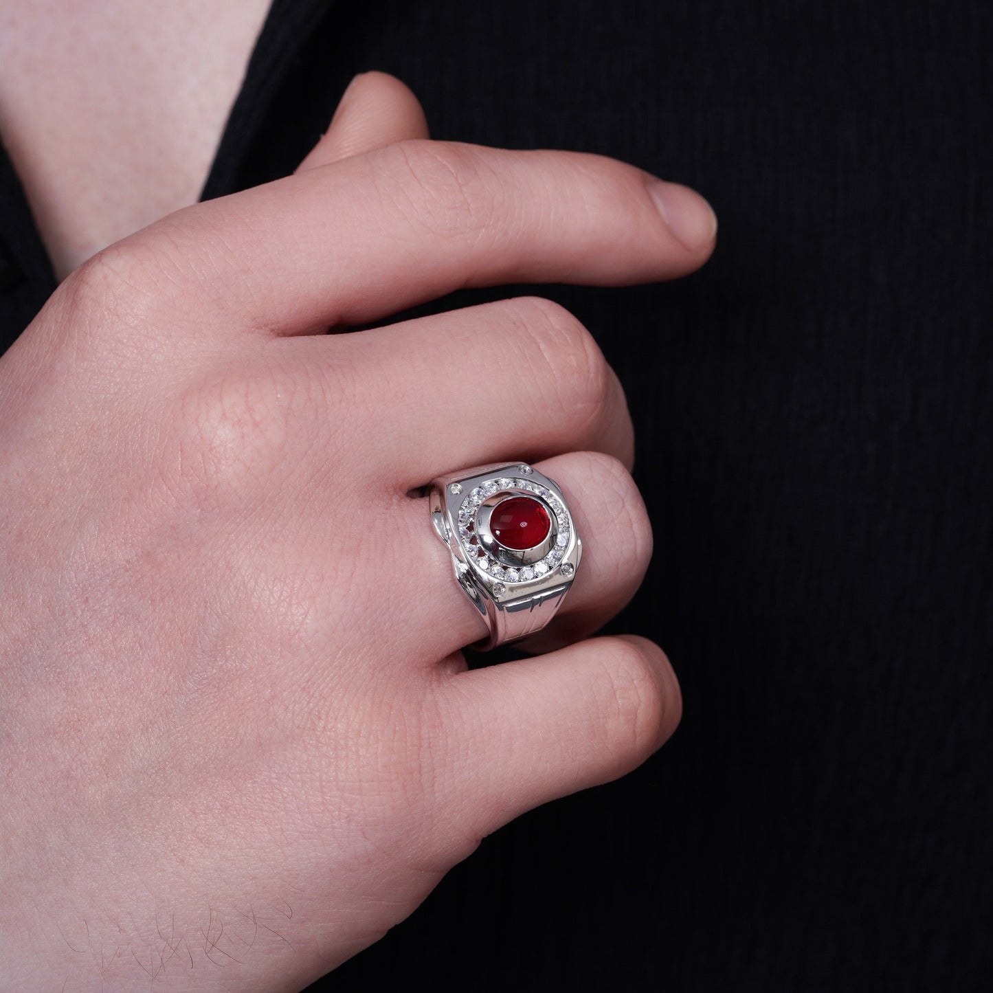 Rhodium Plated 925 Sterling Silver Men's Round Top Ruby and Clear CZ 16.6mm x 16.6mm Ring - GMR00415