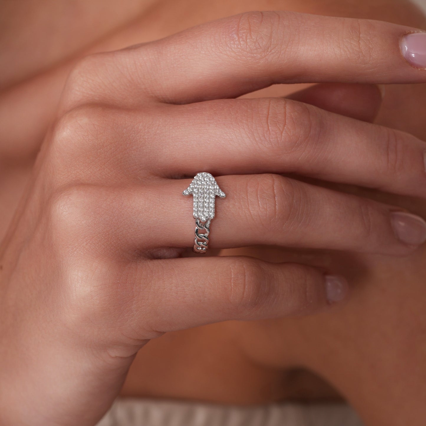 Rhodium Plated 925 Sterling Silver Moissanite or CZ Hamsa Ring - MGMR00435 | GMR00435