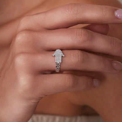 Rhodium Plated 925 Sterling Silver Moissanite or CZ Hamsa Ring - MGMR00435 | GMR00435