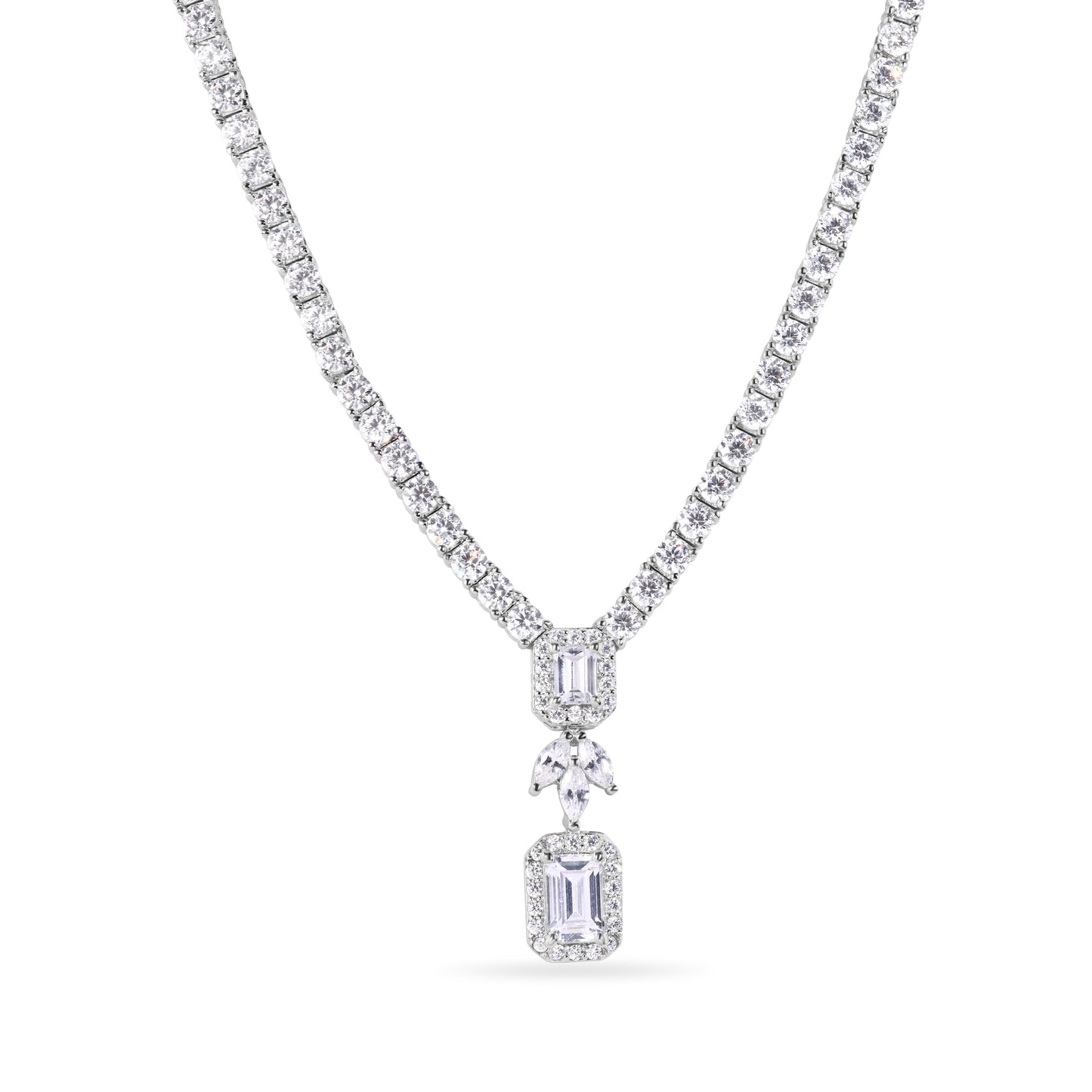 Rhodium Plated 925 Sterling Silver Baguette Center Stone Clear CZ Tennis 2.6mm Necklace Bracelet and Dangling Earring Set - GMS00030