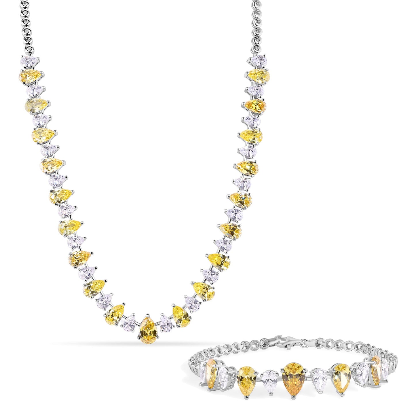 Rhodium Plated 925 Sterling Silver Clear and Citrine Pear Cut CZ 8.8mm Necklace and Bracelet Set - GMS00031