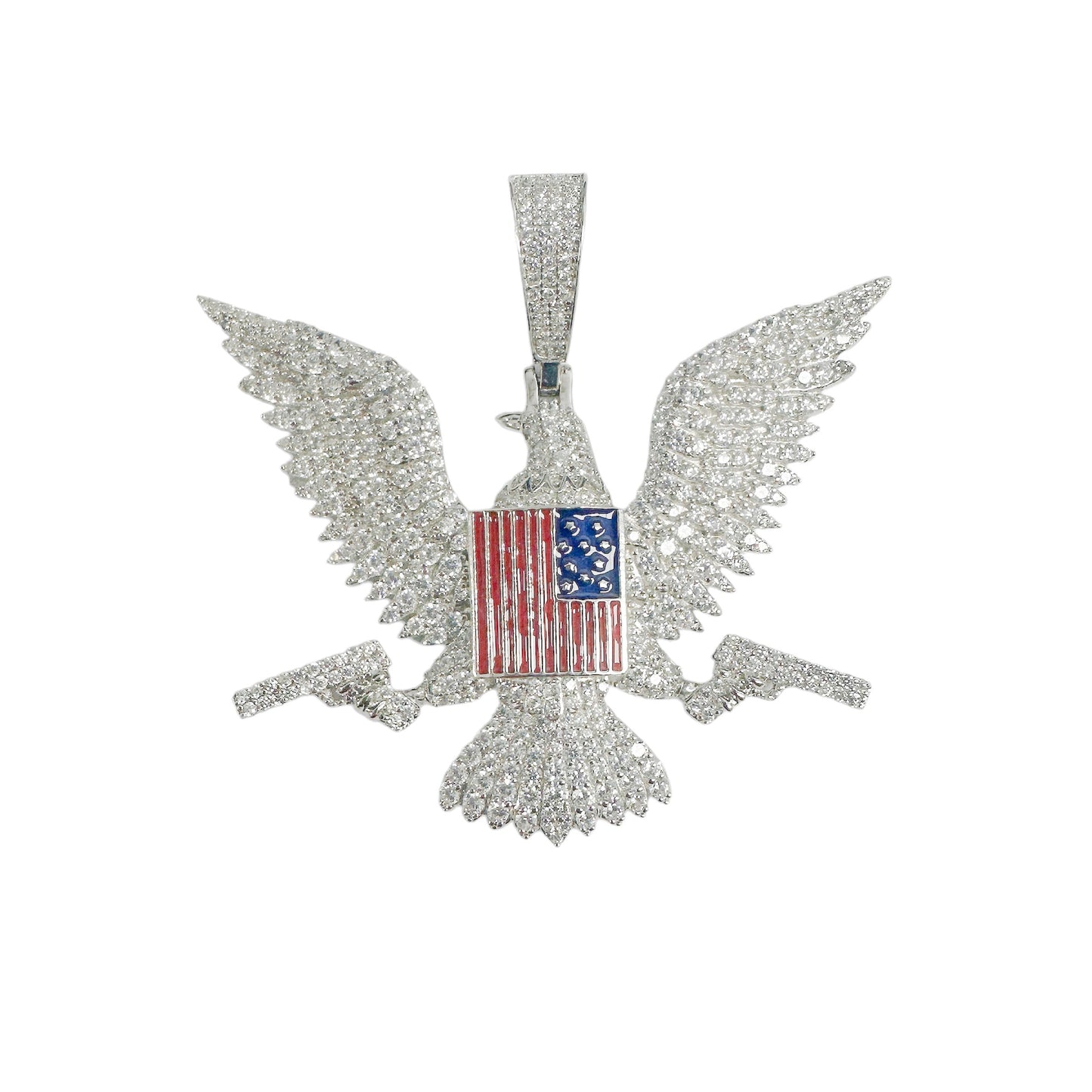 Rhodium Plated 925 Sterling Silver American Eagle Flag Gun Clear CZ Pendant - SLP00400