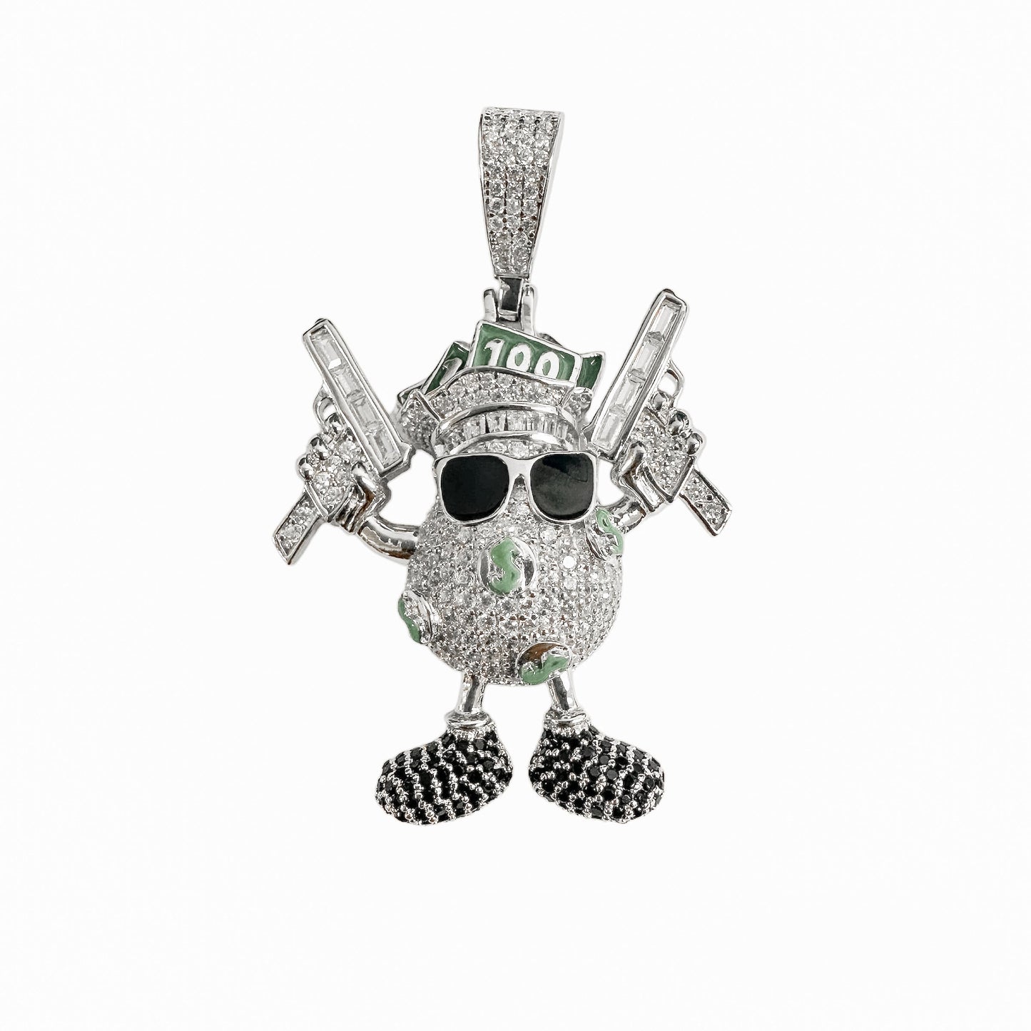 Rhodium Plated 925 Sterling Silver Egg Dollar Bills Guns Clear and Black CZ and Green Enamel Pendant - SLP00399