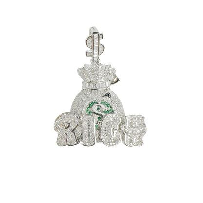 Rhodium Plated 925 Sterling Silver Money Bag Rich Clear and Green CZ Dollar Sign Vale Pendant - SLP00413