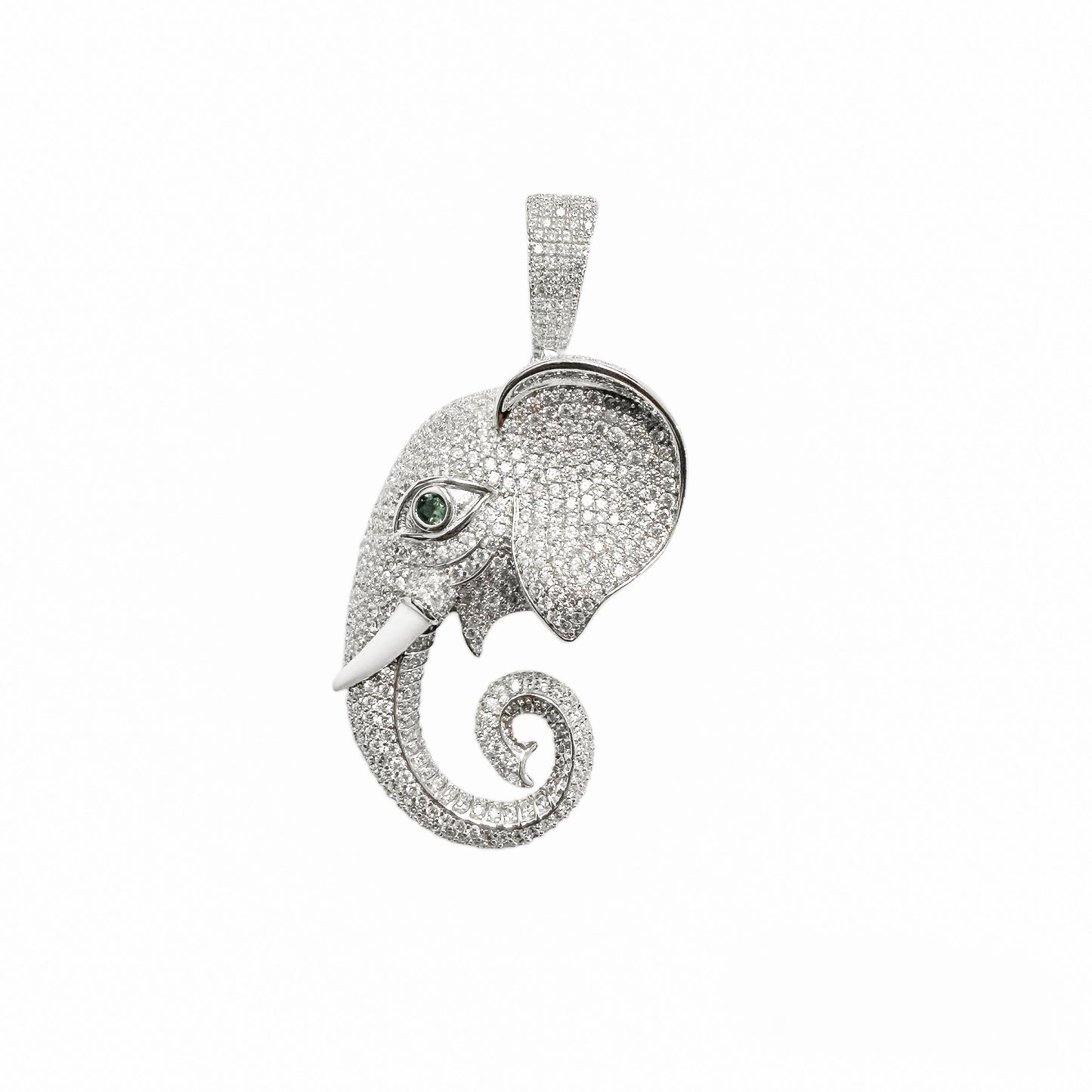 Rhodium Plated 925 Sterling Silver Elephant Green Eye and Clear CZ Pendant - SLP00406