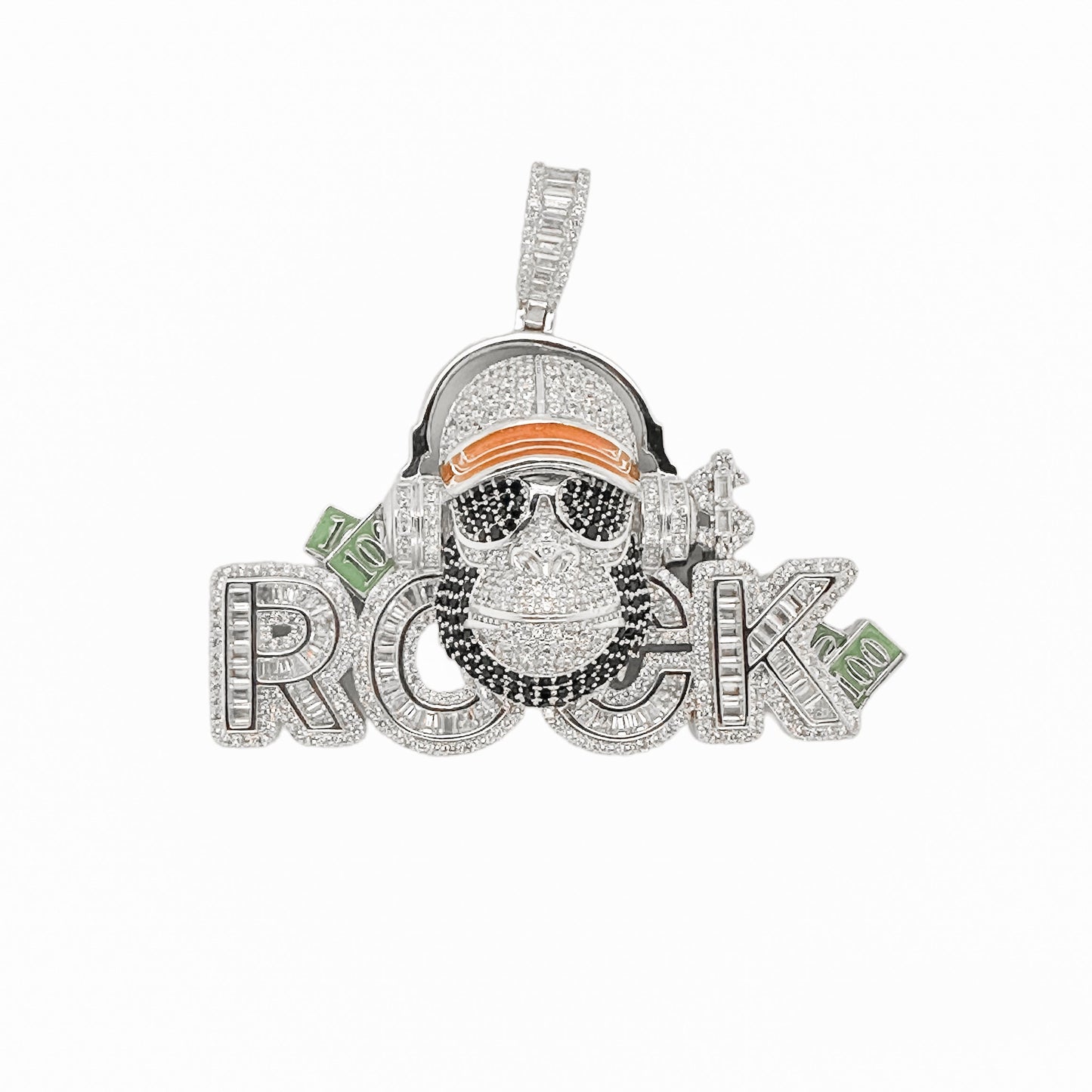 Rhodium Plated 925 Sterling Silver Hip-Hop Rock Monkey Ape Enamel Green and Clear CZ Pendant - SLP00377
