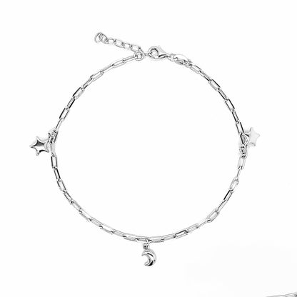 Rhodium Plated 925 Sterling Silver Paperclip Chain Stars and Moon Charm Adjustable Anklet - SOA00029