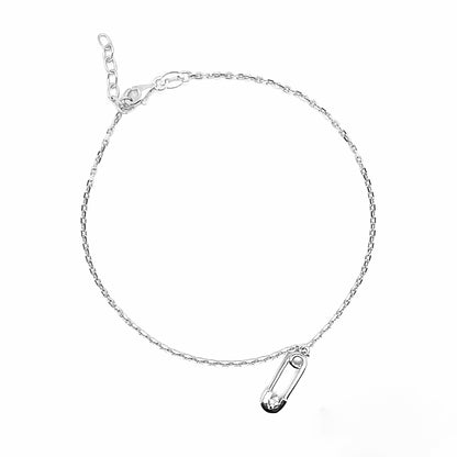 Rhodium Plated 925 Sterling Silver Cable Safety Pin Charm Clear CZ Adjustable Anklet - SOA00032